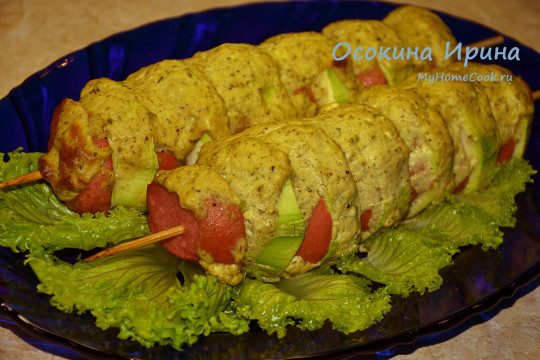 Шашлычки из сарделек с овощами